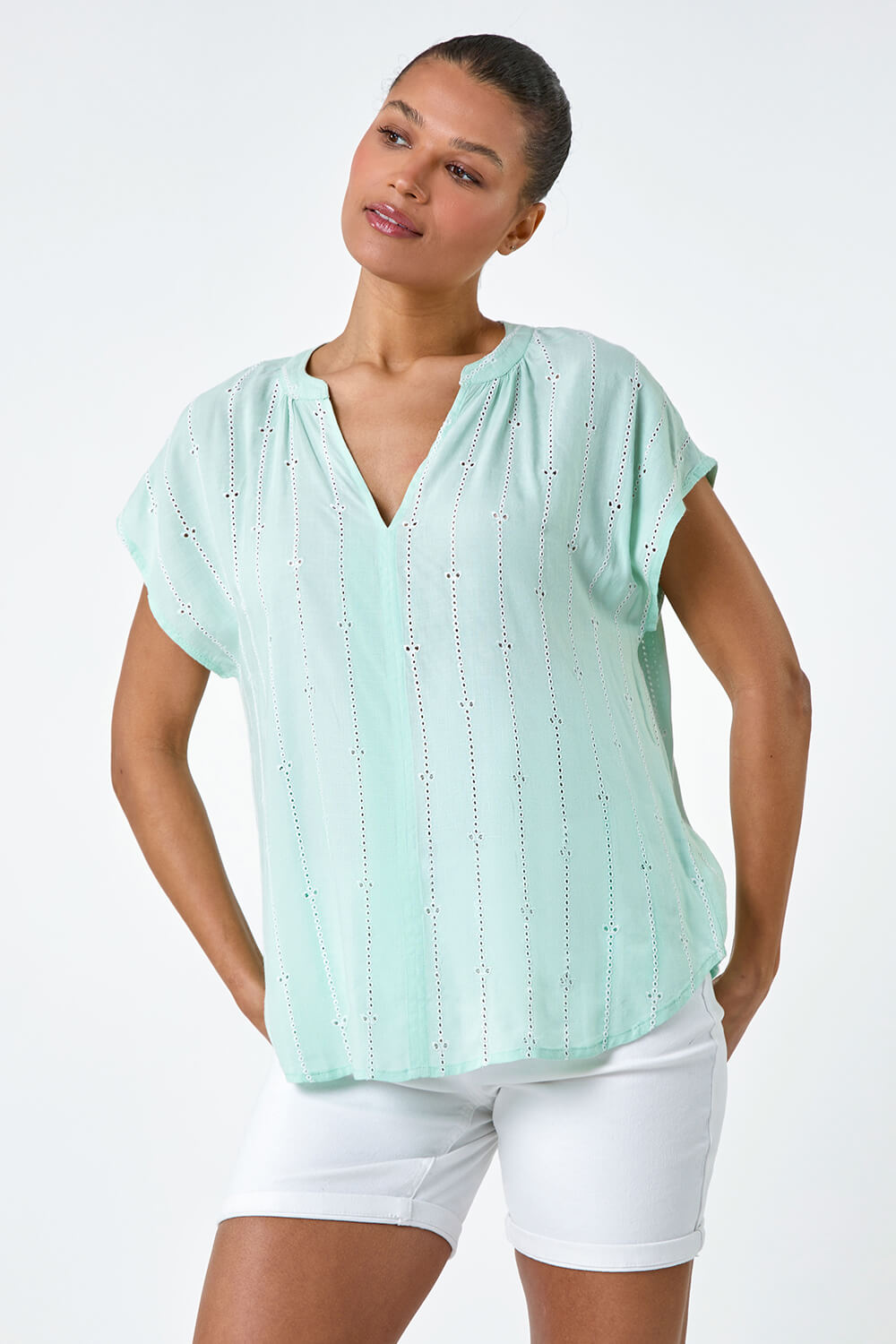 Mint Embroidered Stripe Notch Neck Top, Image 4 of 5