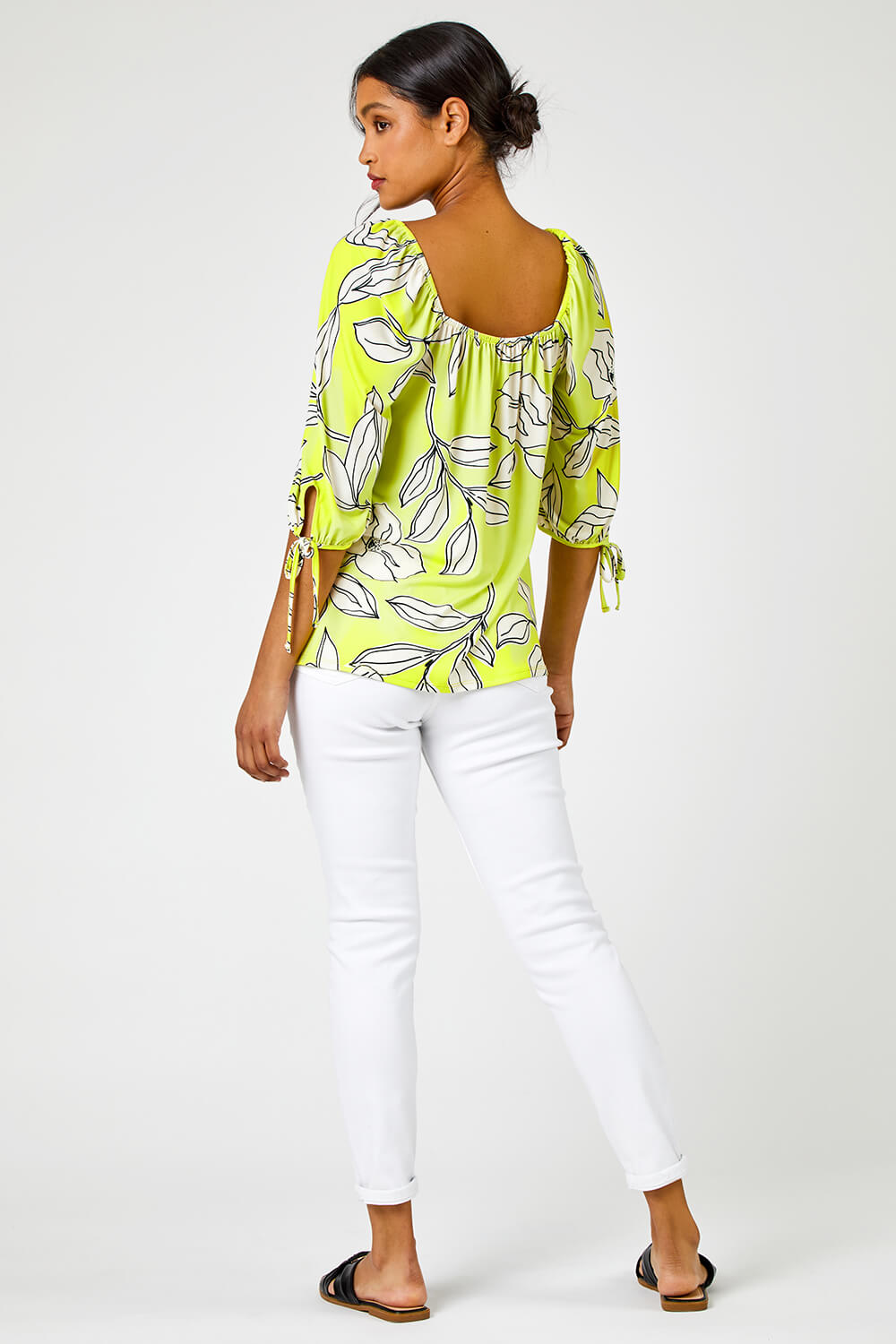 Lime Linear Floral Print Square Neck Top, Image 2 of 5