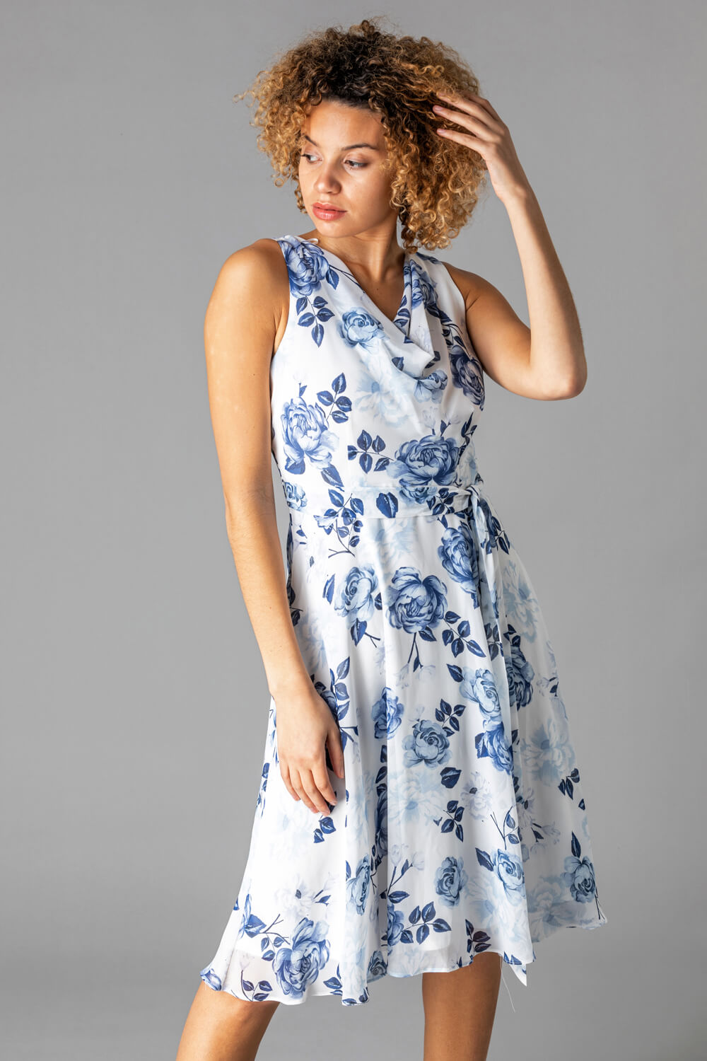 Blue Floral Cowl Neck Fit & Flare Dress, Image 4 of 5