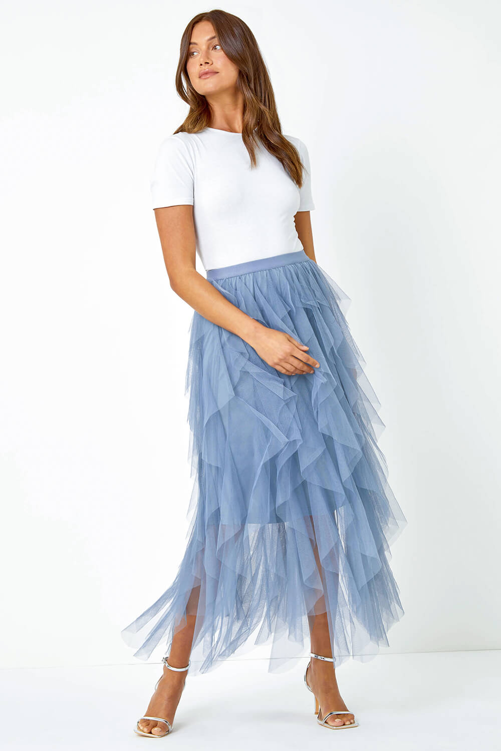 Steel Blue Elasticated Mesh Layered Skirt, Image 2 of 5