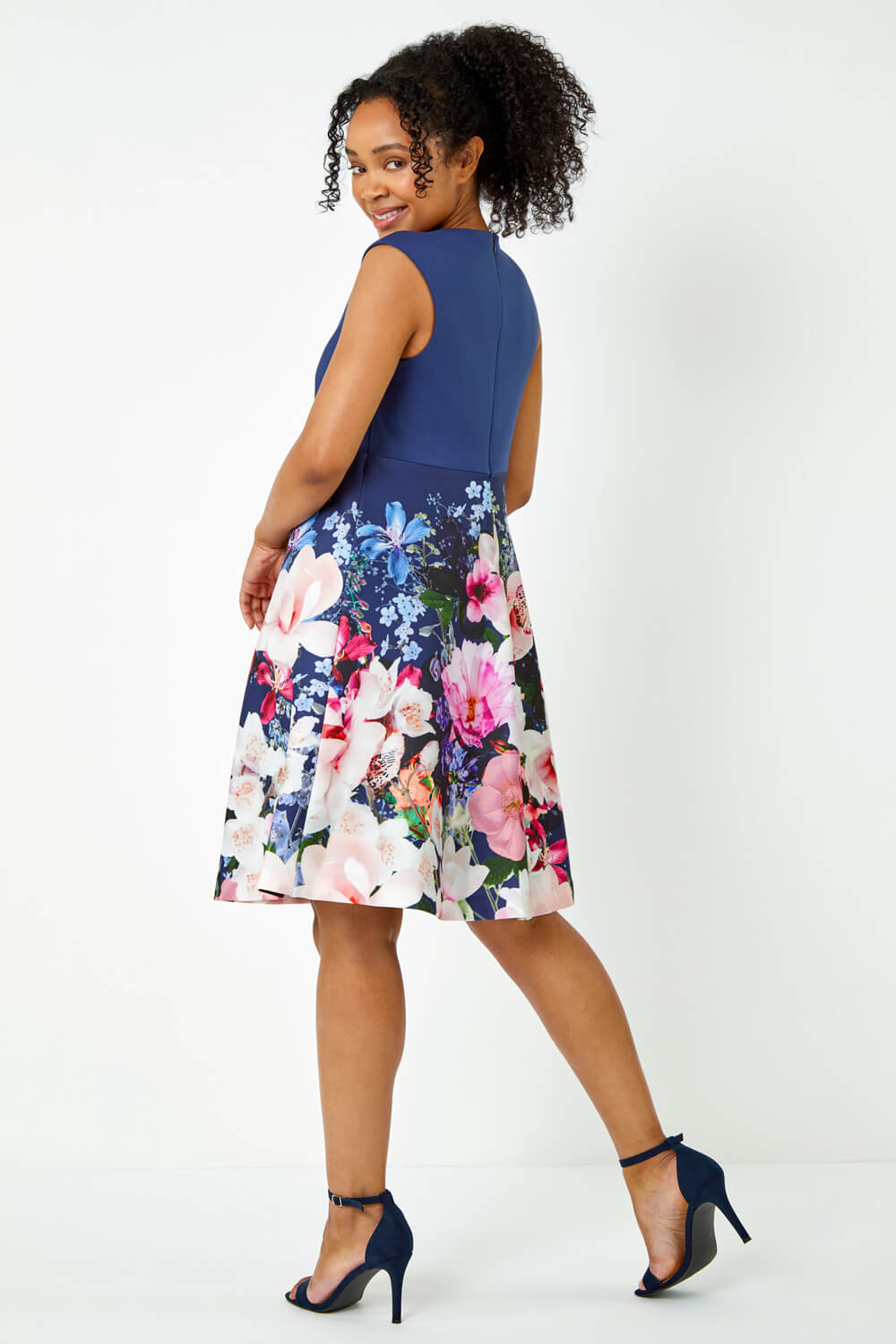 Navy  Petite Premium Stretch Floral Dress, Image 3 of 5
