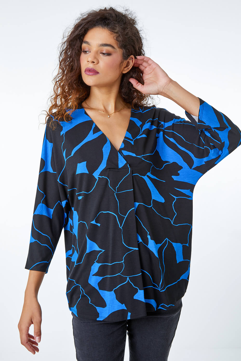 Blue Floral Print Pleat Front Top, Image 2 of 5