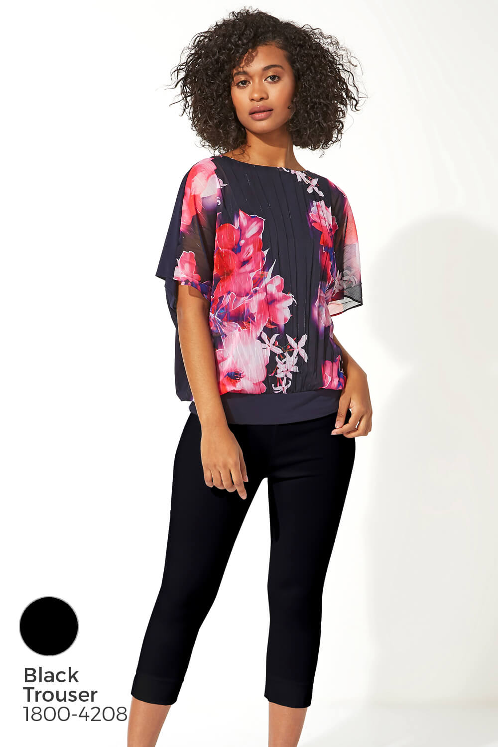 Navy  Floral Print Pleated Blouson Top, Image 8 of 8