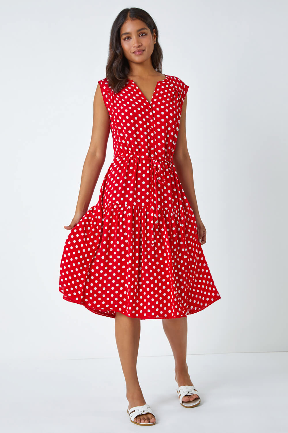 Red Polka Dot Print Sleeveless Dress, Image 2 of 5
