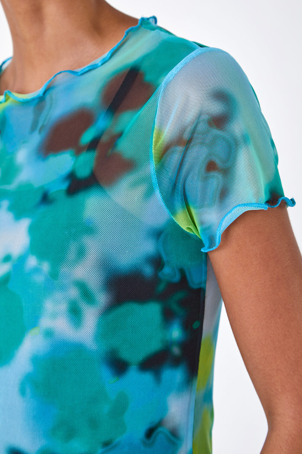 Blue Abstract Print Stretch Mesh Top, Image 5 of 5