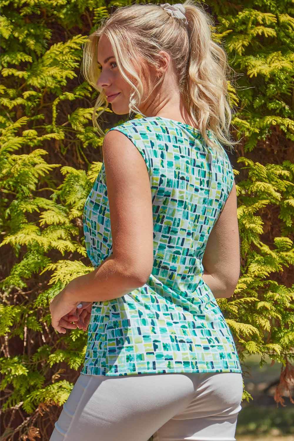 Green Tile Print Side Twist Jersey Top, Image 2 of 5