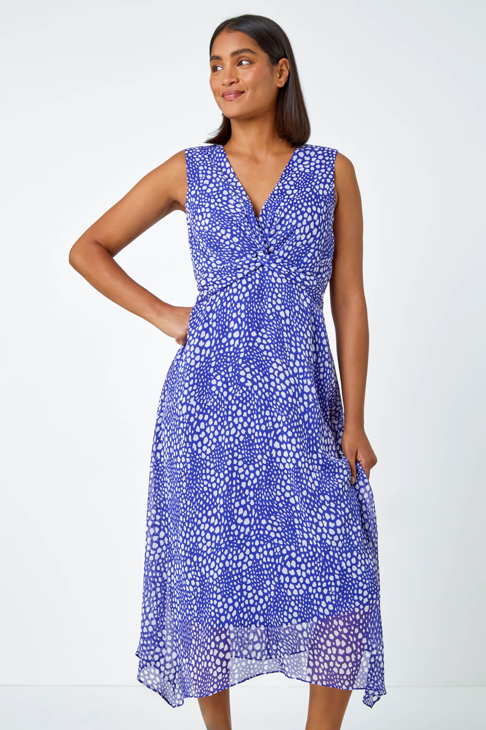 Blue Sleeveless Abstract Knot Front Midi Dress, Image 2 of 5