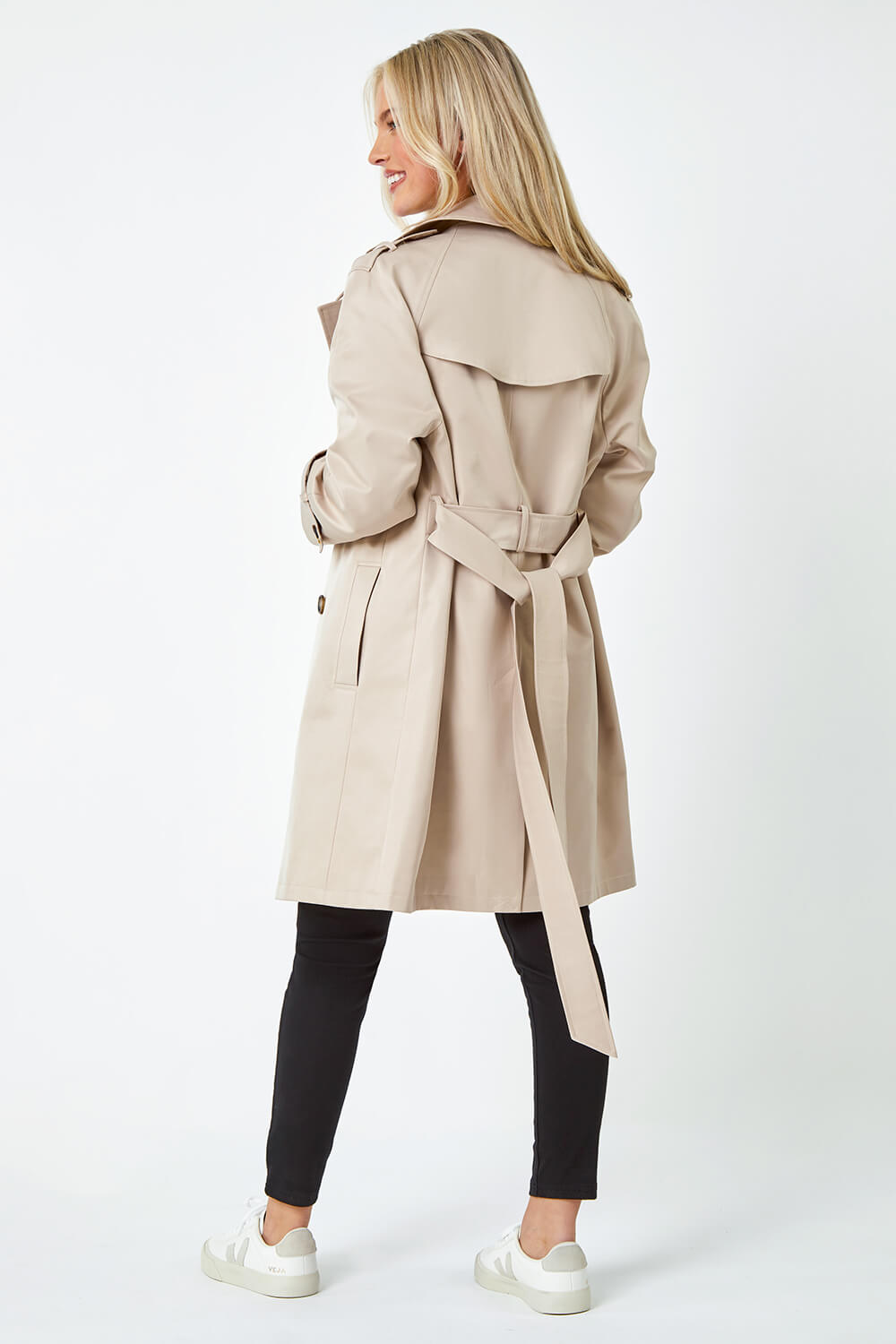 Stone Petite Double Breasted Trench Coat, Image 3 of 6