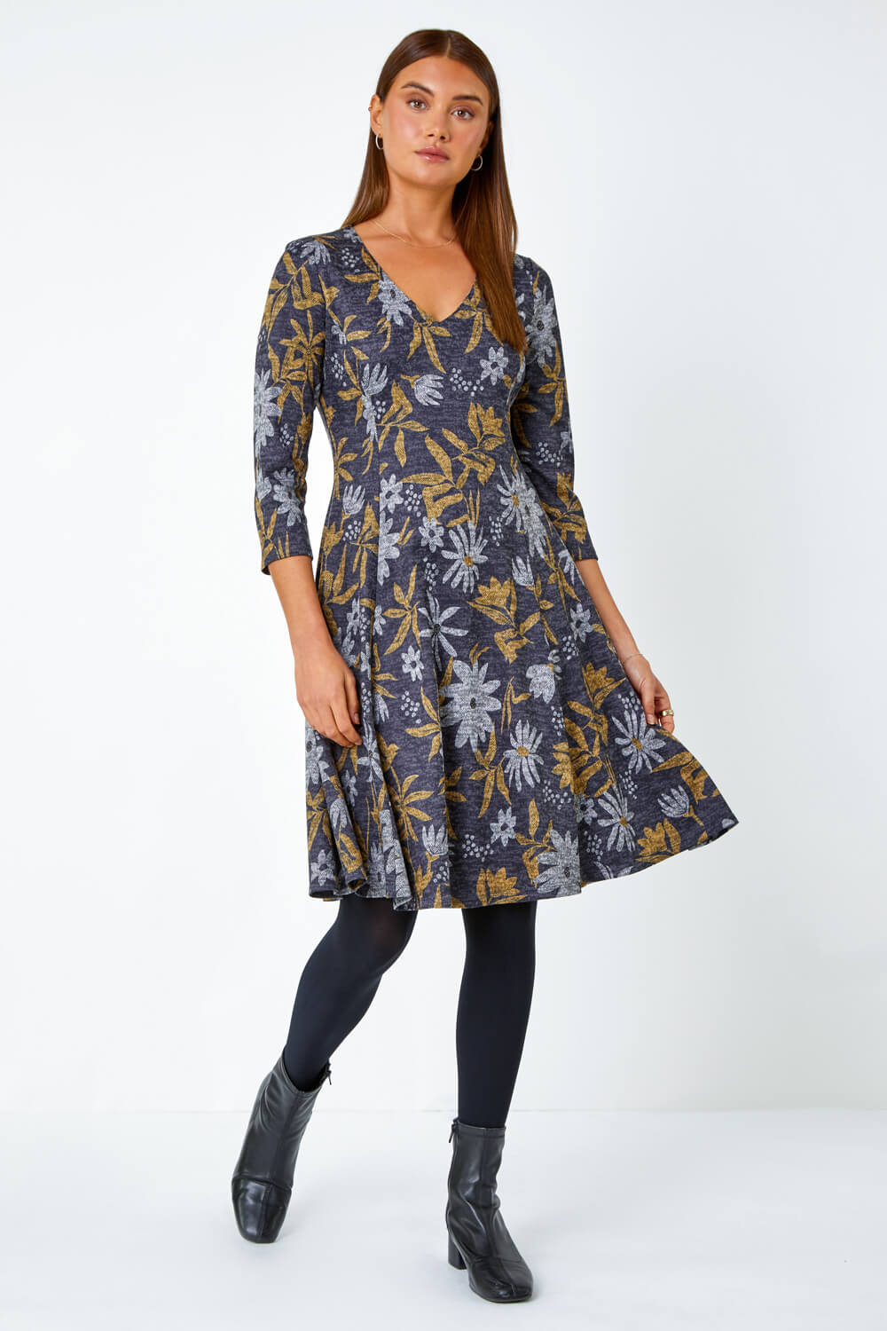 Yellow Floral Print Stretch Dress , Image 2 of 5