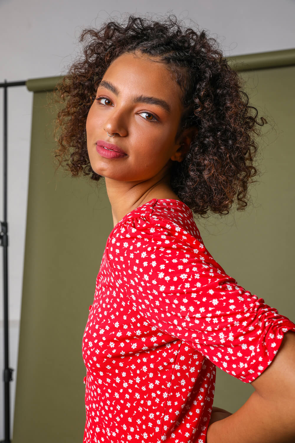 Red Ditsy Floral Print V-Neck Top, Image 4 of 5