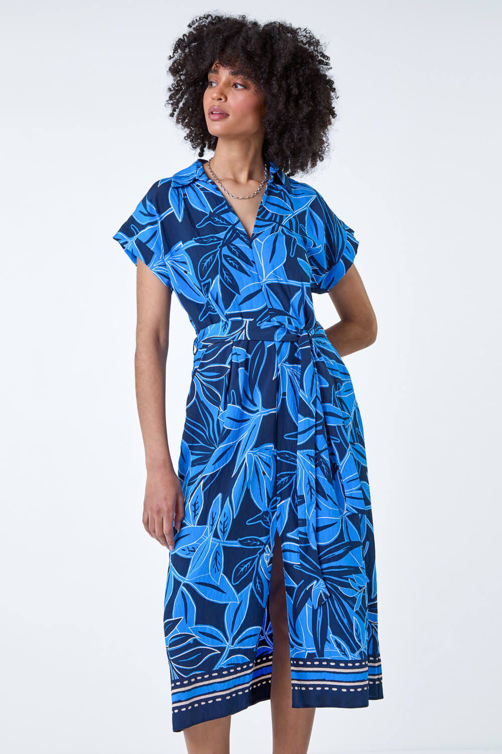 Royal Blue Border Leaf Print Midi Dress, Image 2 of 5
