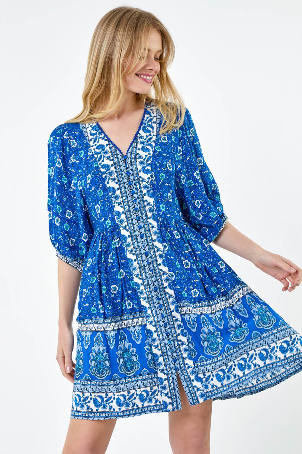 Royal Blue Paisley Floral Border Print Dress | Roman UK