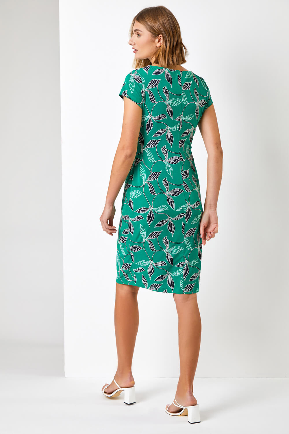 Green Leaf Print Stretch Ruched Dress, Image 2 of 4