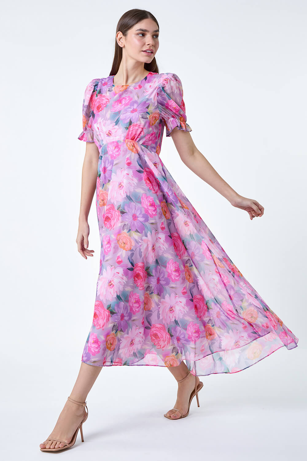 Purple Floral Print Puff Sleeve Midi Dress, Image 2 of 5