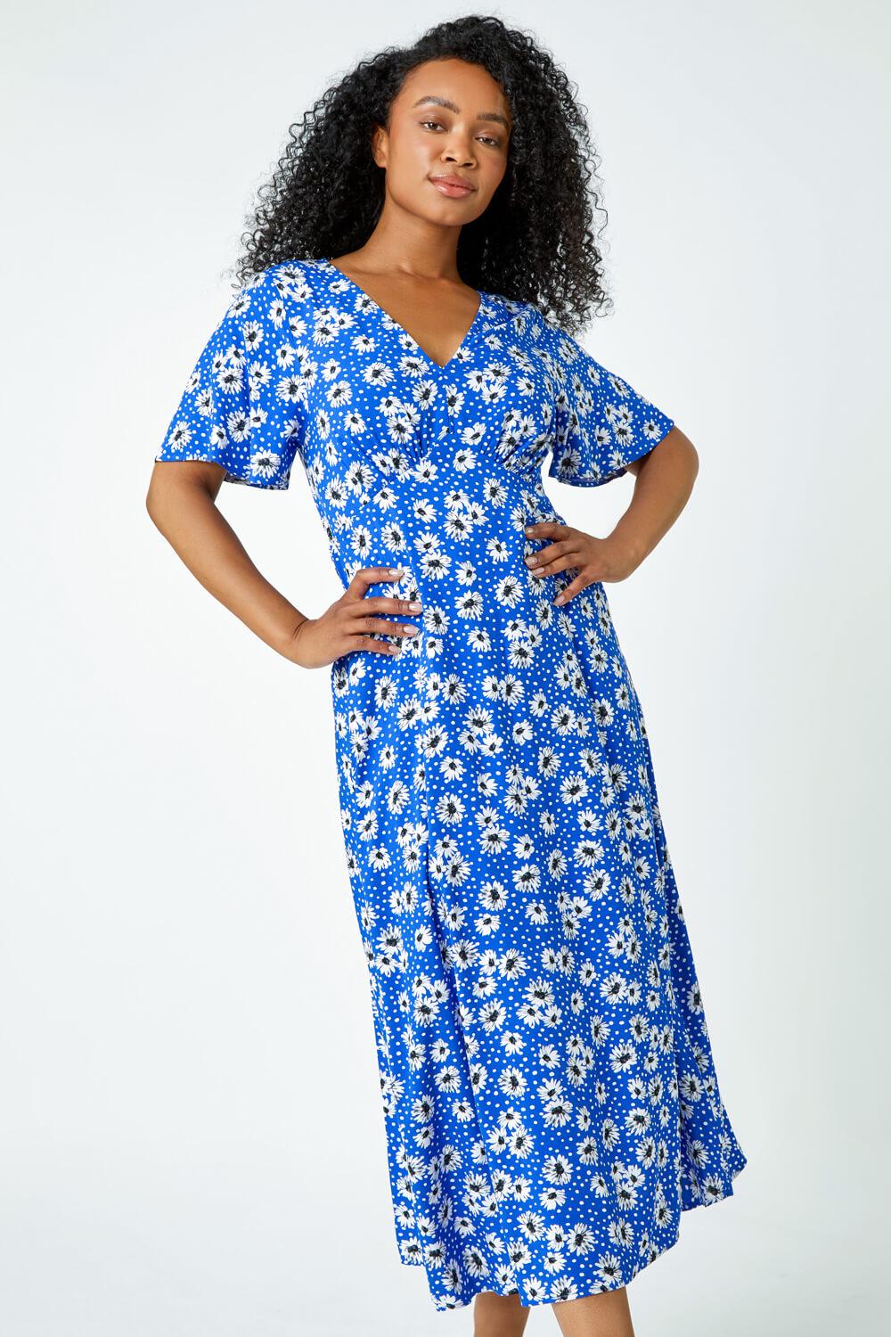 Blue Petite Floral Print Flute Sleeve Dress, Image 2 of 5