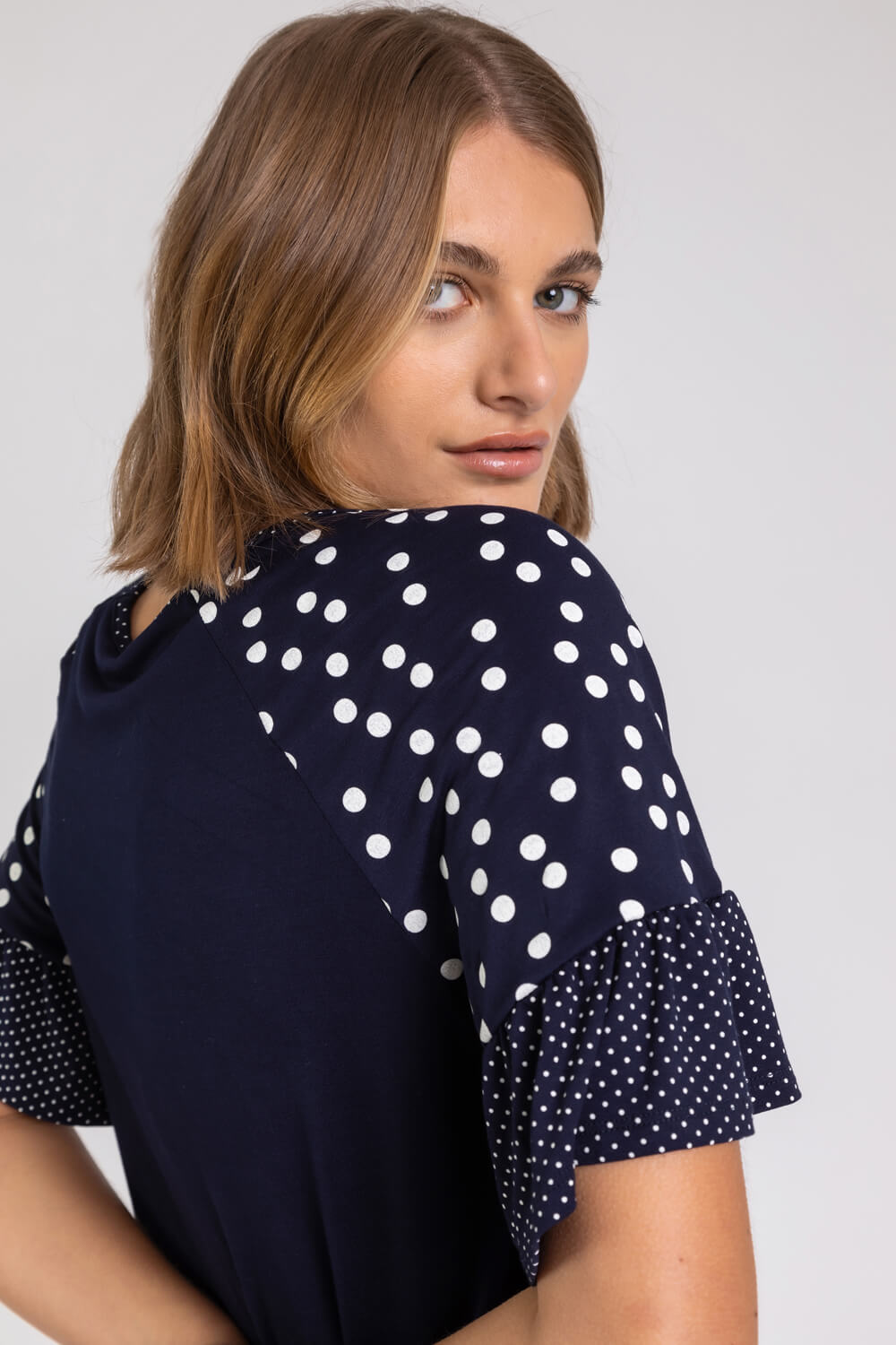 Navy  Spot Print Frill Sleeve Top, Image 4 of 5