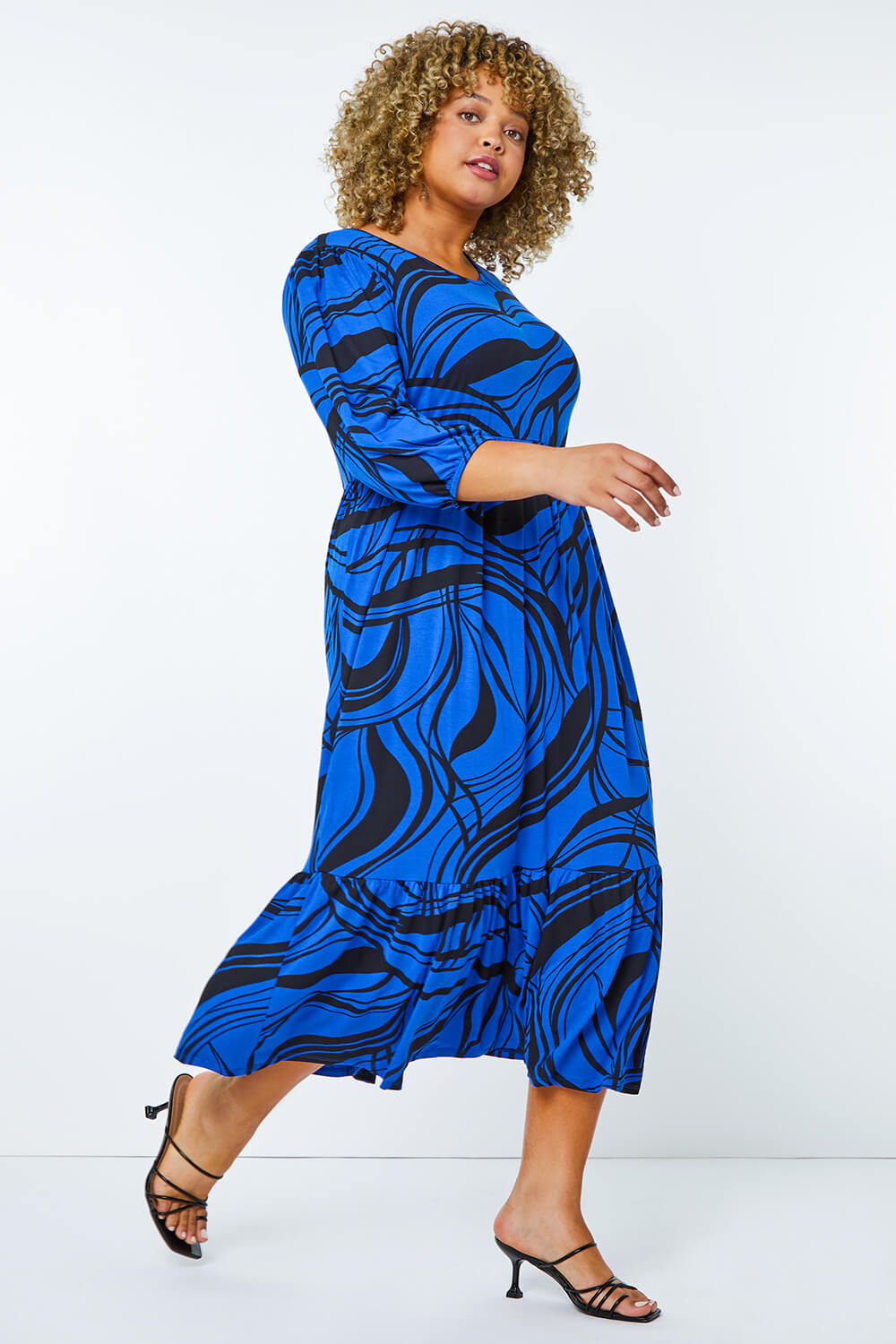 Royal Blue Curve Abstract Print Tiered Stretch Midi Dress, Image 3 of 5