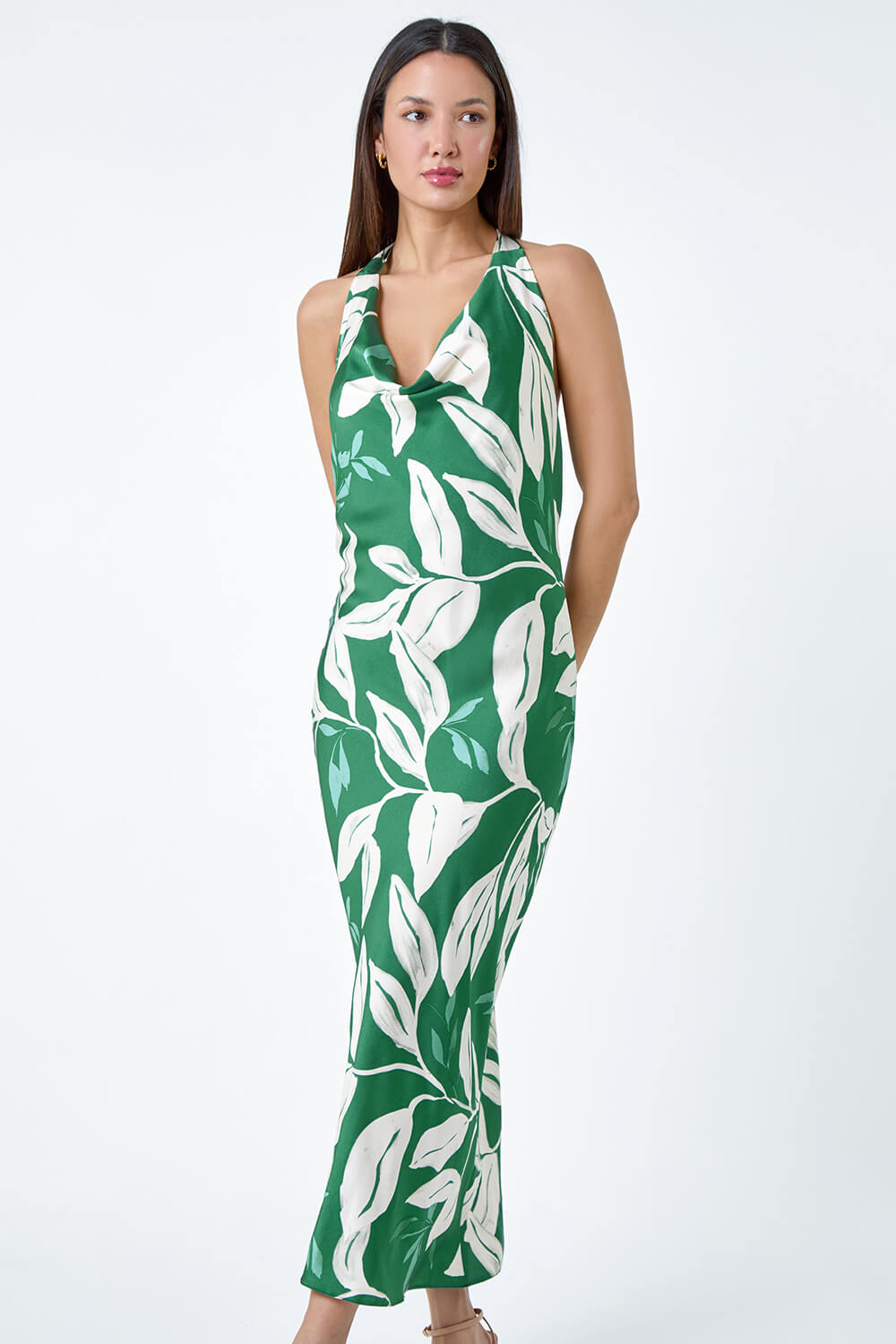 Green Floral Print Satin Bias Cut Dress, Image 2 of 5