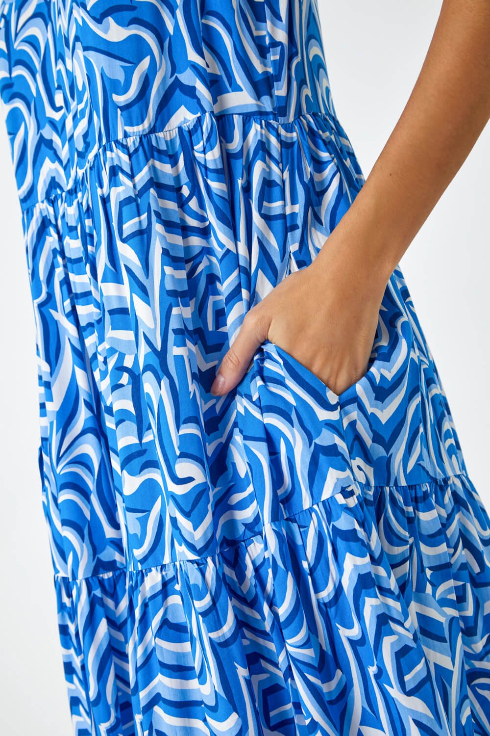 Blue Sleeveless Geometric Print Smock Dress, Image 5 of 5