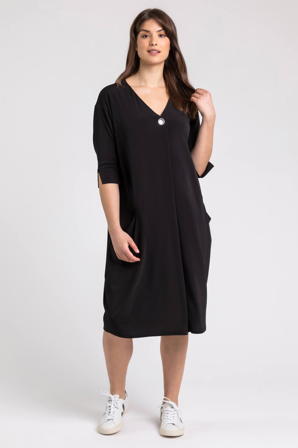 Black Curve Button Detail Cocoon Dress, Image 3 of 4