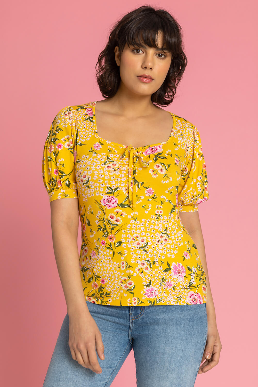 Yellow Floral Print Ruched Detail Top, Image 4 of 5