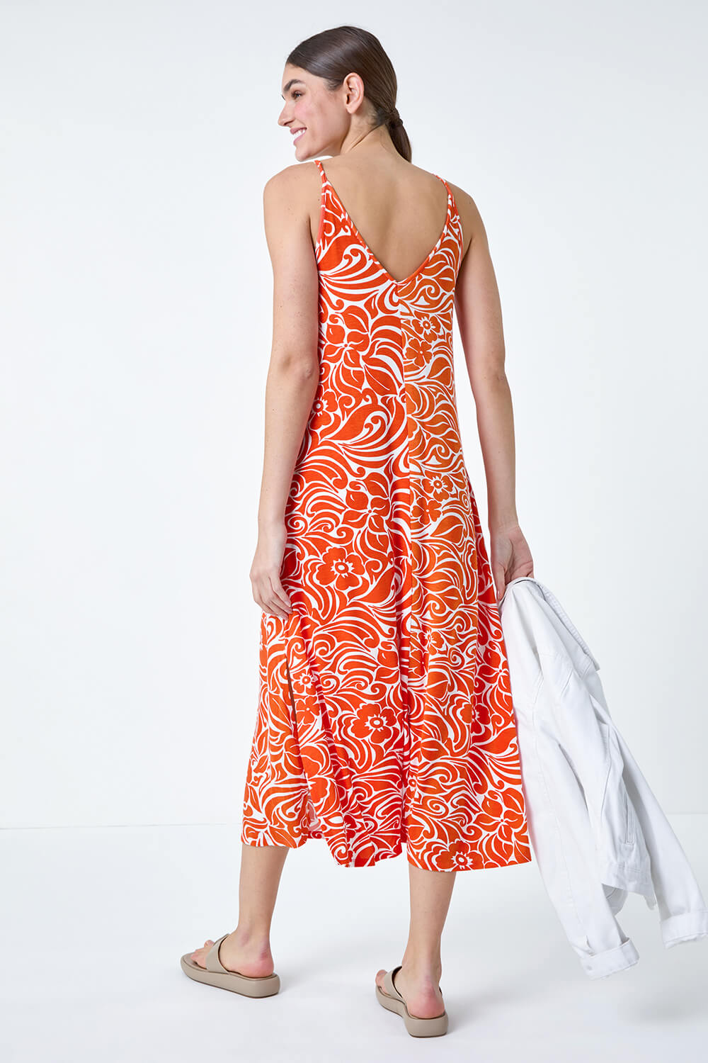 ORANGE Abstract Strappy Swing Stretch Midi Dress, Image 3 of 5
