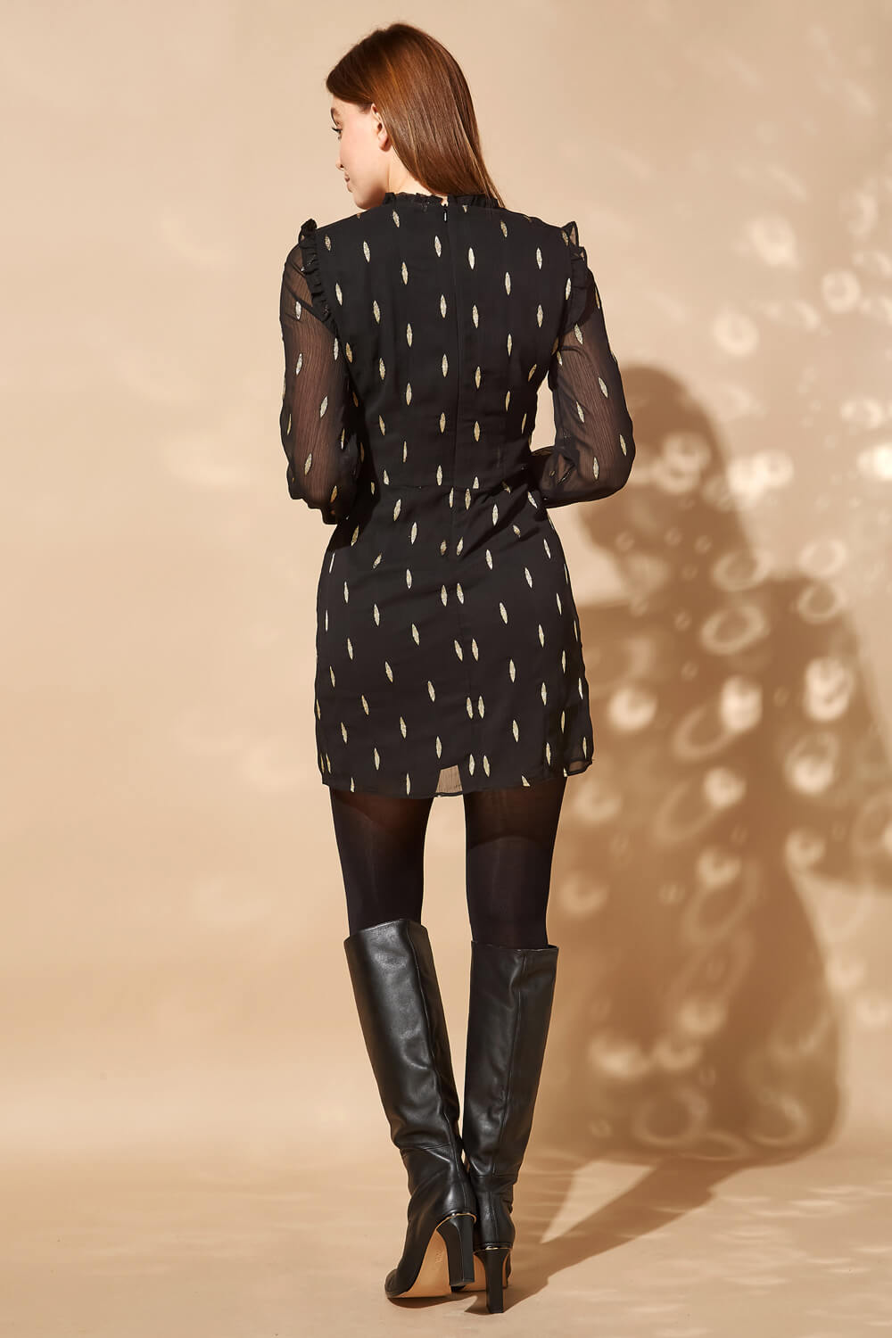 Black Frill Detail Metallic Spot Dress, Image 2 of 4
