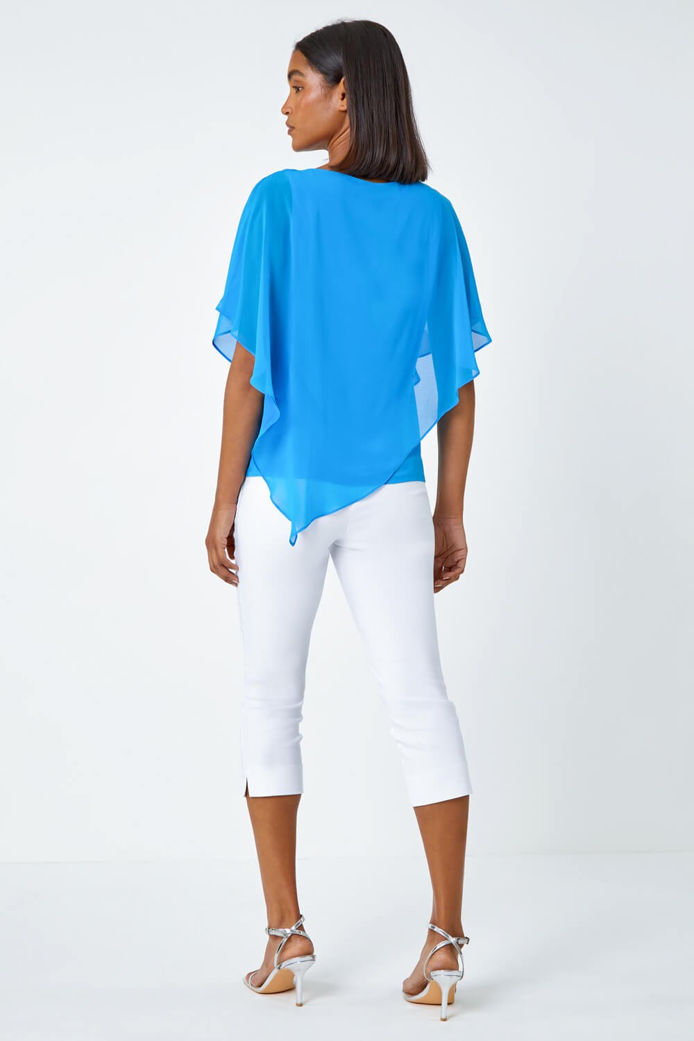 Turquoise Asymmetric Cold Shoulder Stretch Top, Image 3 of 5