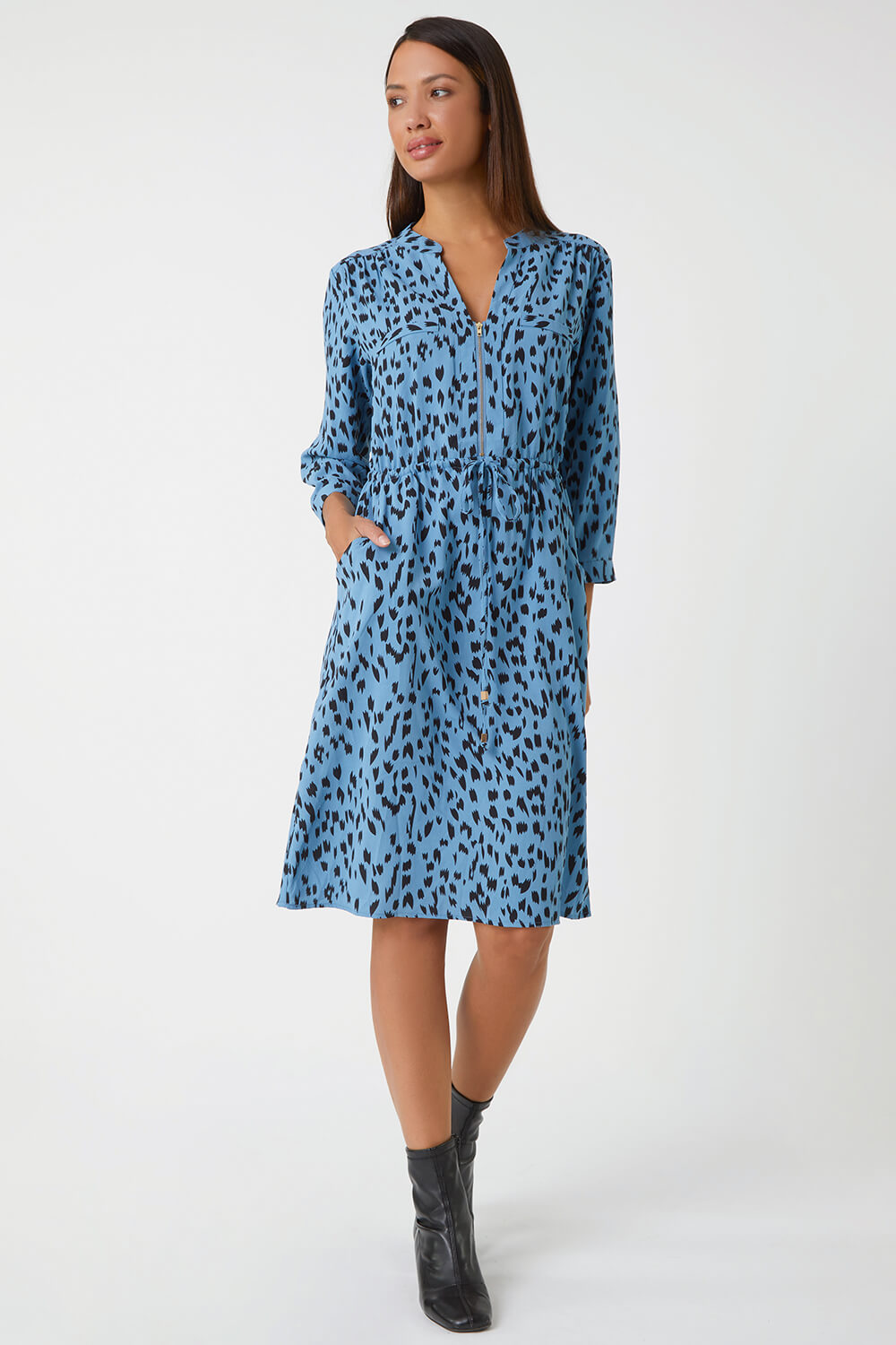 Blue Animal Print Zip Detail Shirt Dress, Image 2 of 5