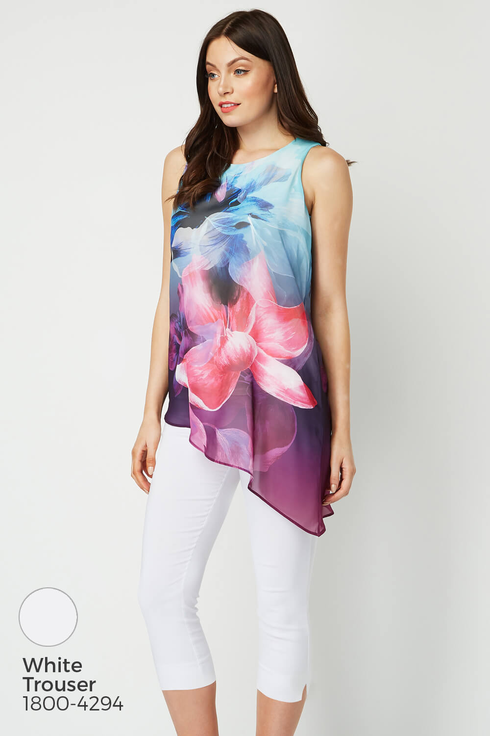 Turquoise Sleeveless Floral Print Chiffon Top, Image 5 of 8