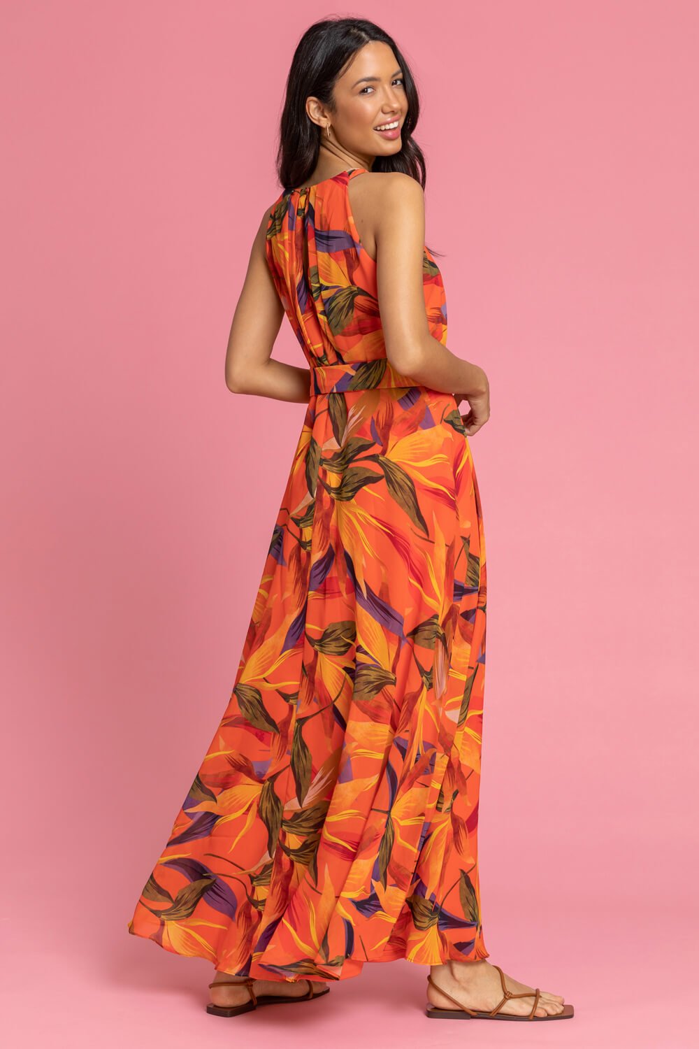 ORANGE Floral Print Tie Waist Maxi Dress, Image 2 of 5