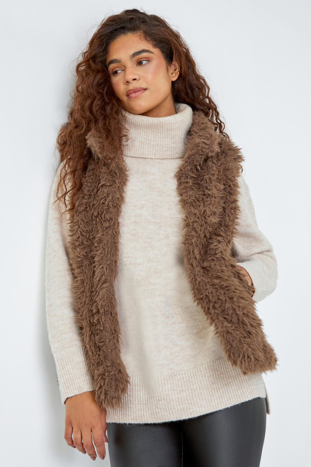 Taupe Faux Fur Fluffy Gilet, Image 1 of 5