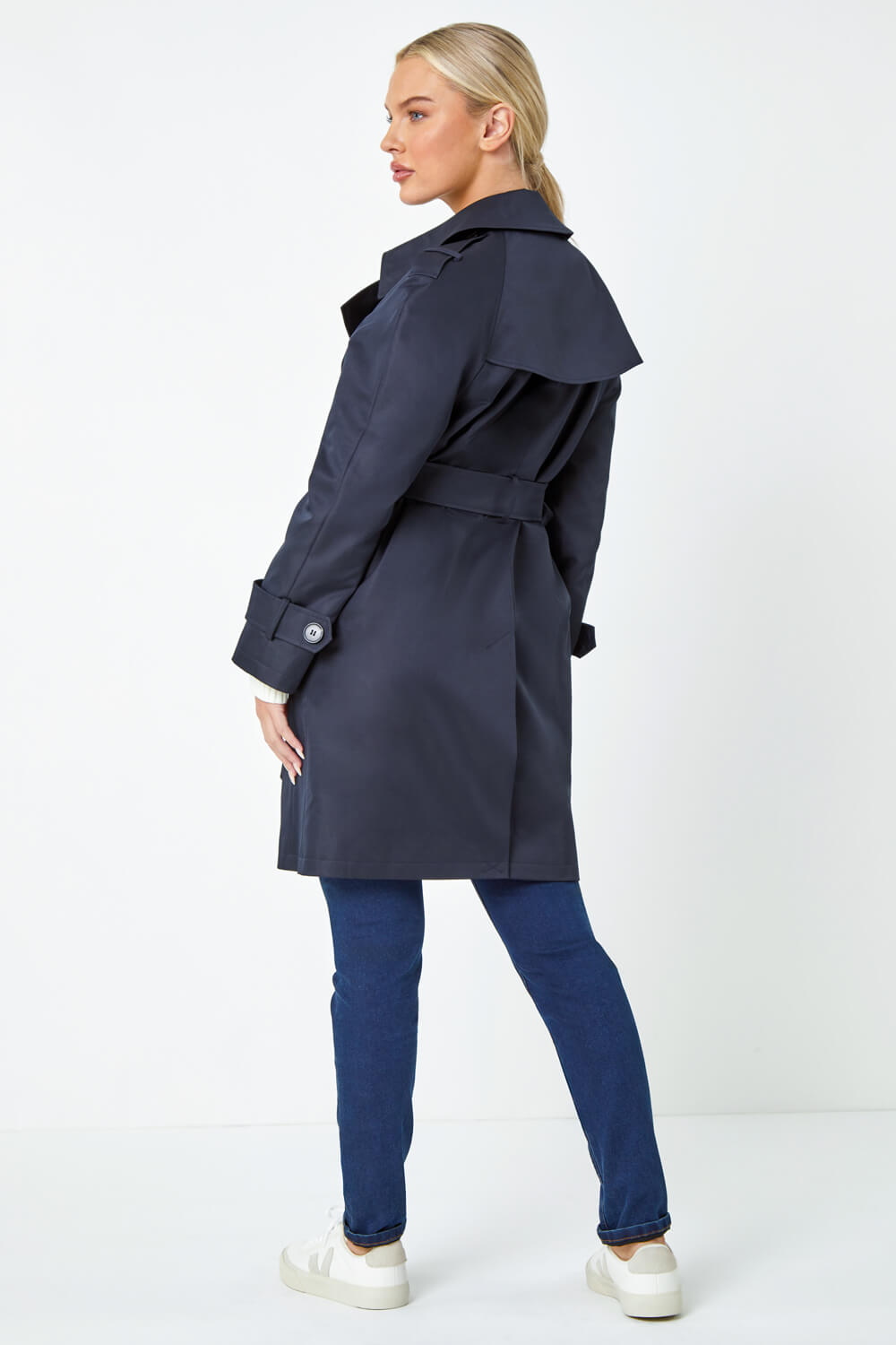 Navy  Petite Double Breasted Trench Coat, Image 3 of 5