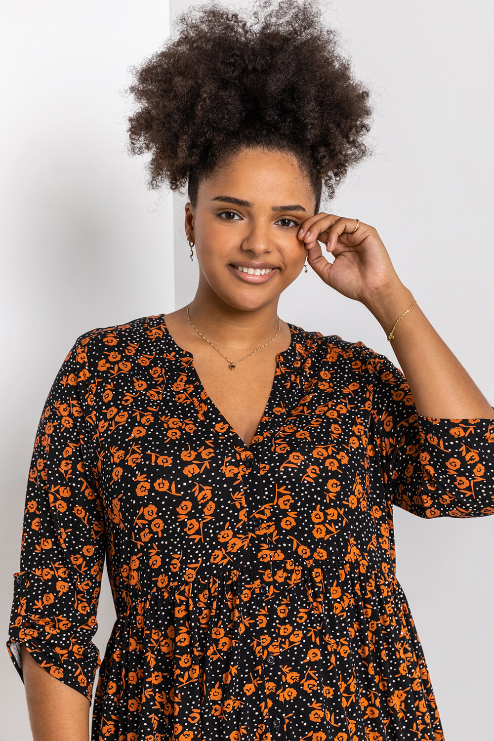 Rust Curve Ditsy Floral Print Dress, Image 2 of 4