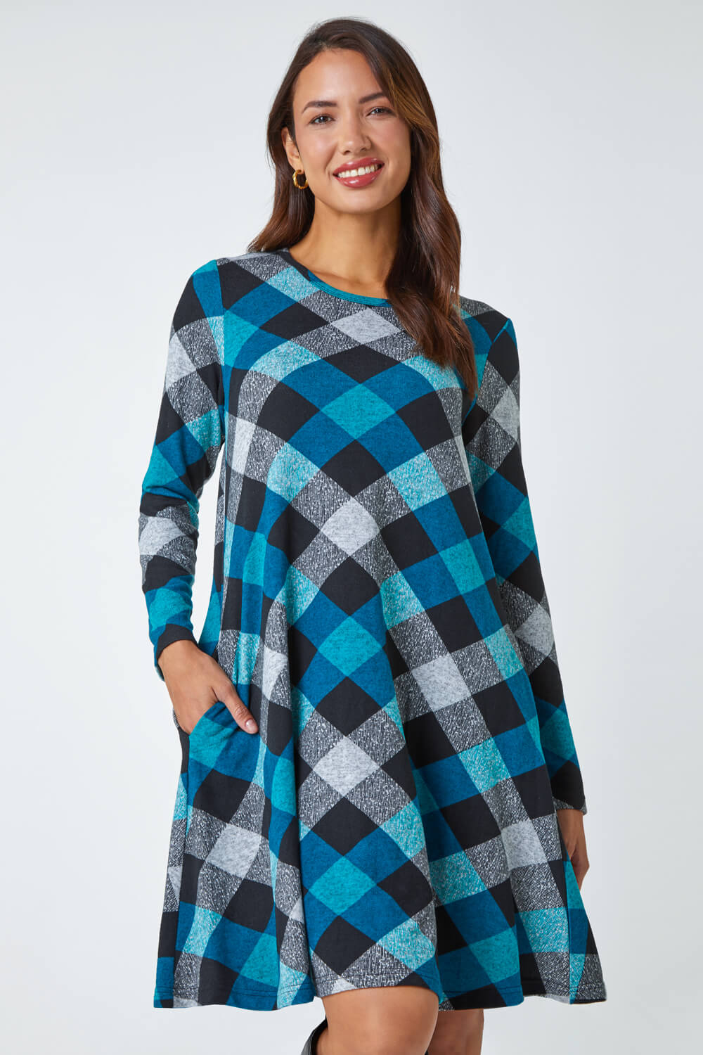 Teal Check Print Swing Stretch Dress, Image 2 of 5