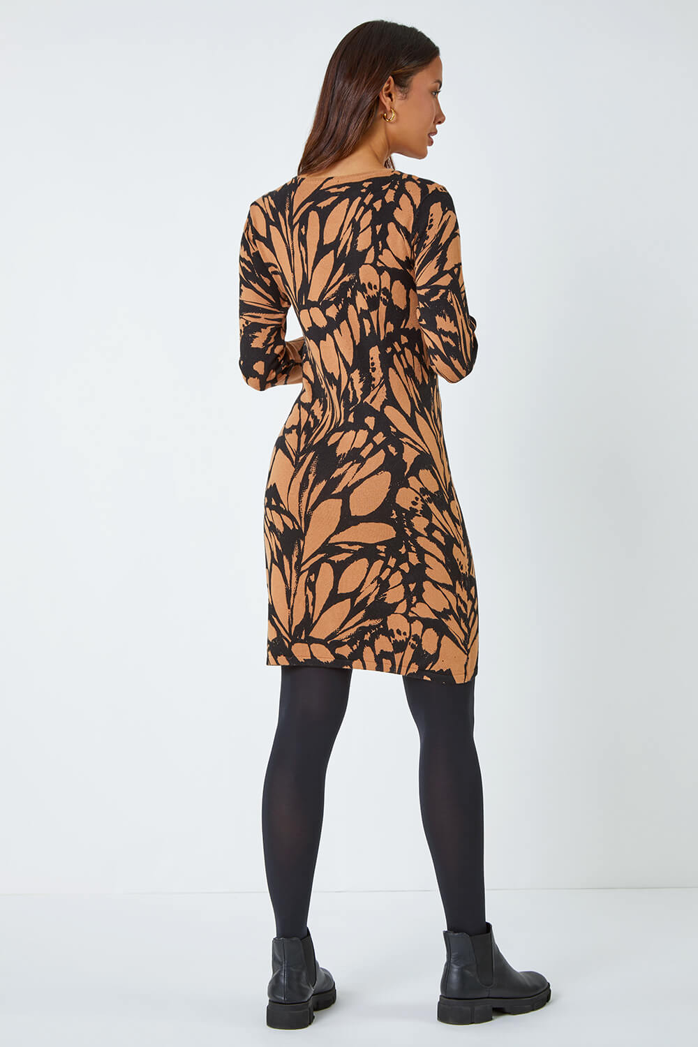 Camel  Butterfly Print Knitted Stretch Dress, Image 3 of 5