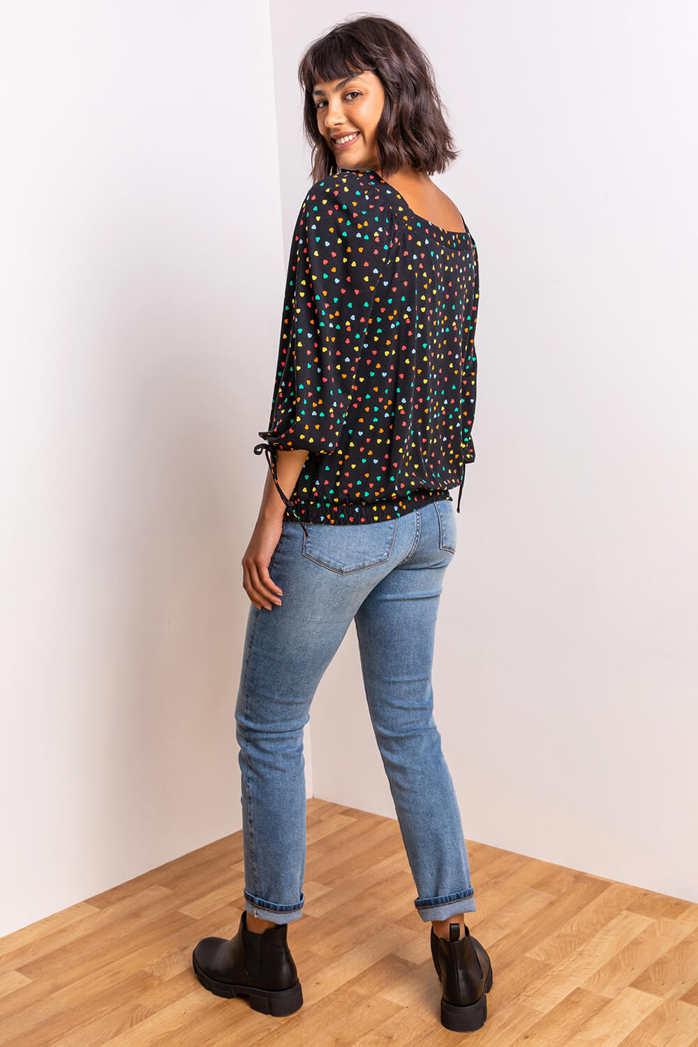 Multi  Ditsy Heart Print Square Neck Top, Image 2 of 5
