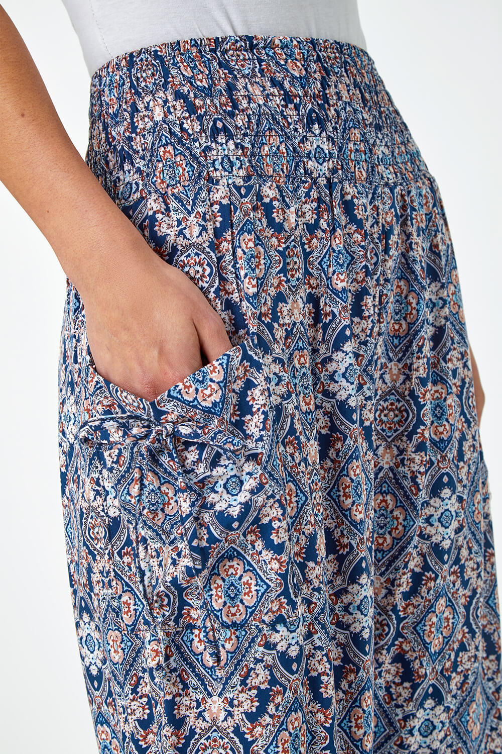 Navy  Paisley Print Shirred Hareem Trousers, Image 5 of 5