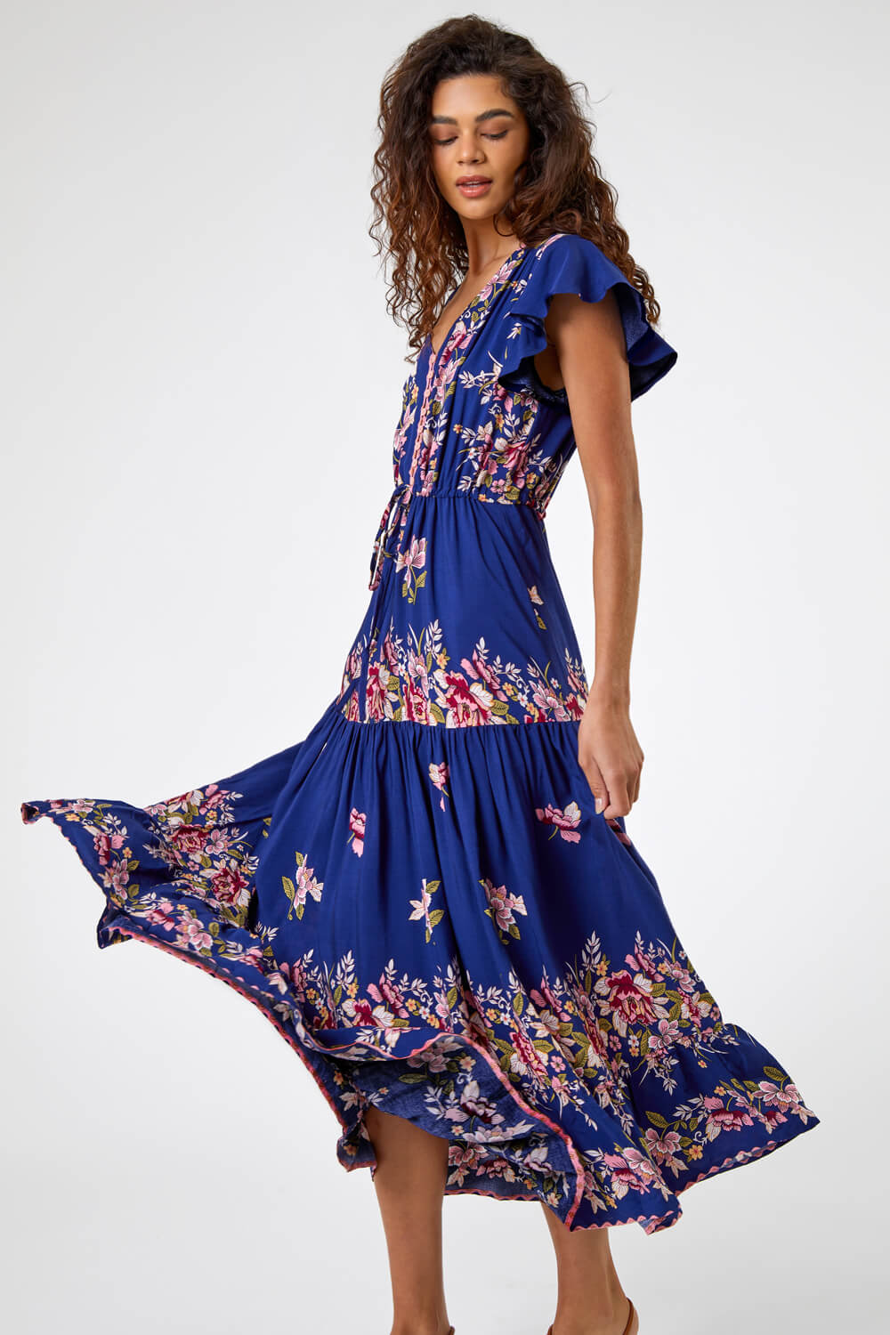Navy  Floral Print Tiered Midi Dress, Image 5 of 6
