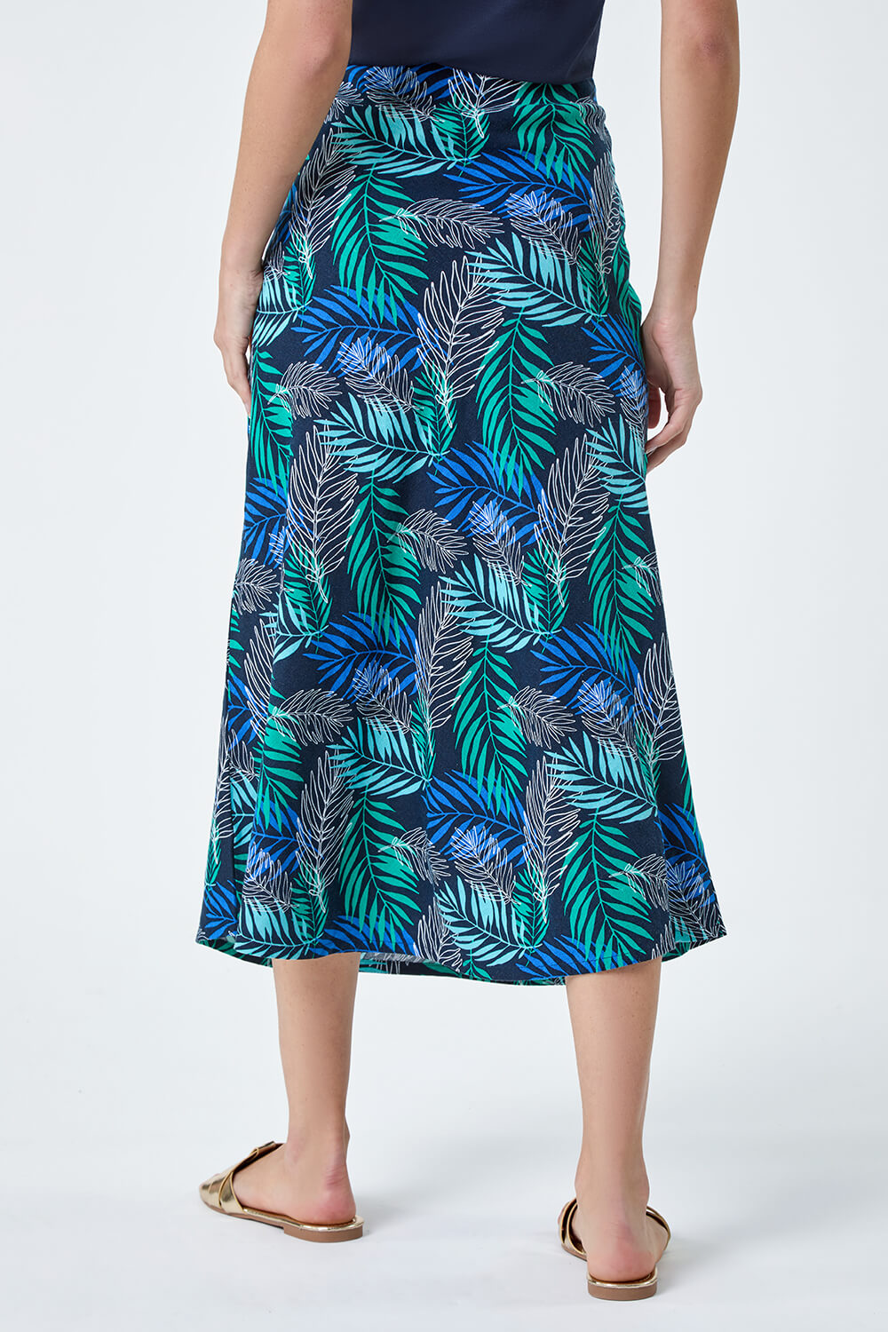 Blue Leaf Print Linen Blend A-Line Skirt, Image 3 of 5