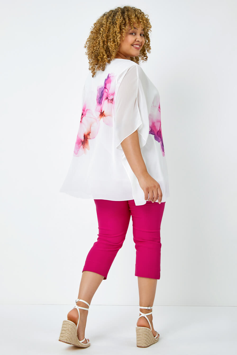 Ivory  Curve Floral Chiffon Overlay Top, Image 3 of 5