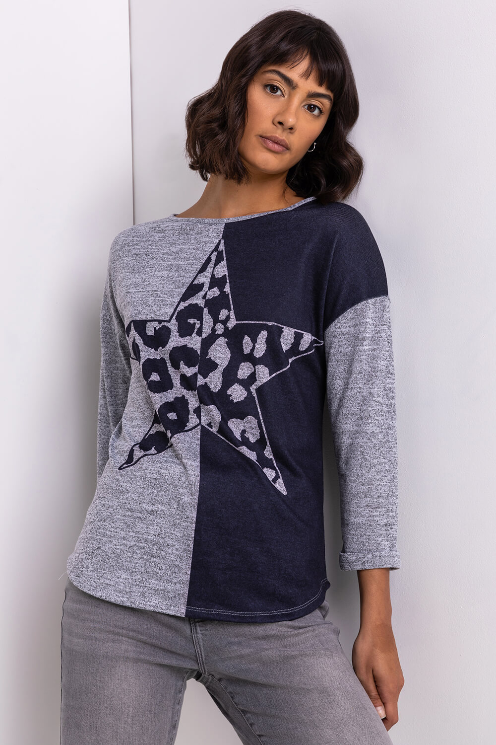 Navy  Contrast Animal Print Soft Knit Jersey Top, Image 4 of 4