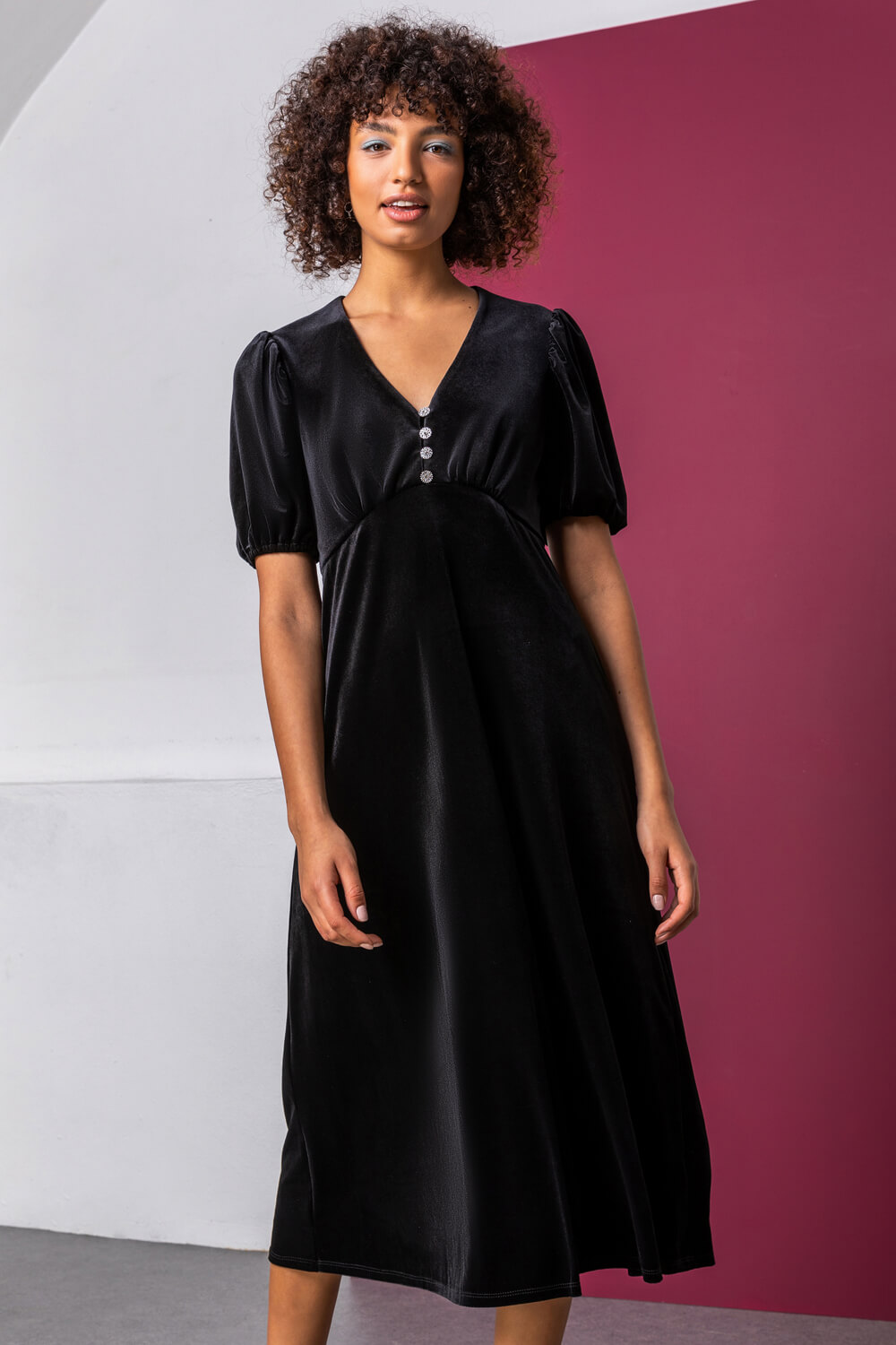 Black Velvet Button Detail Fit & Flare Dress, Image 3 of 5
