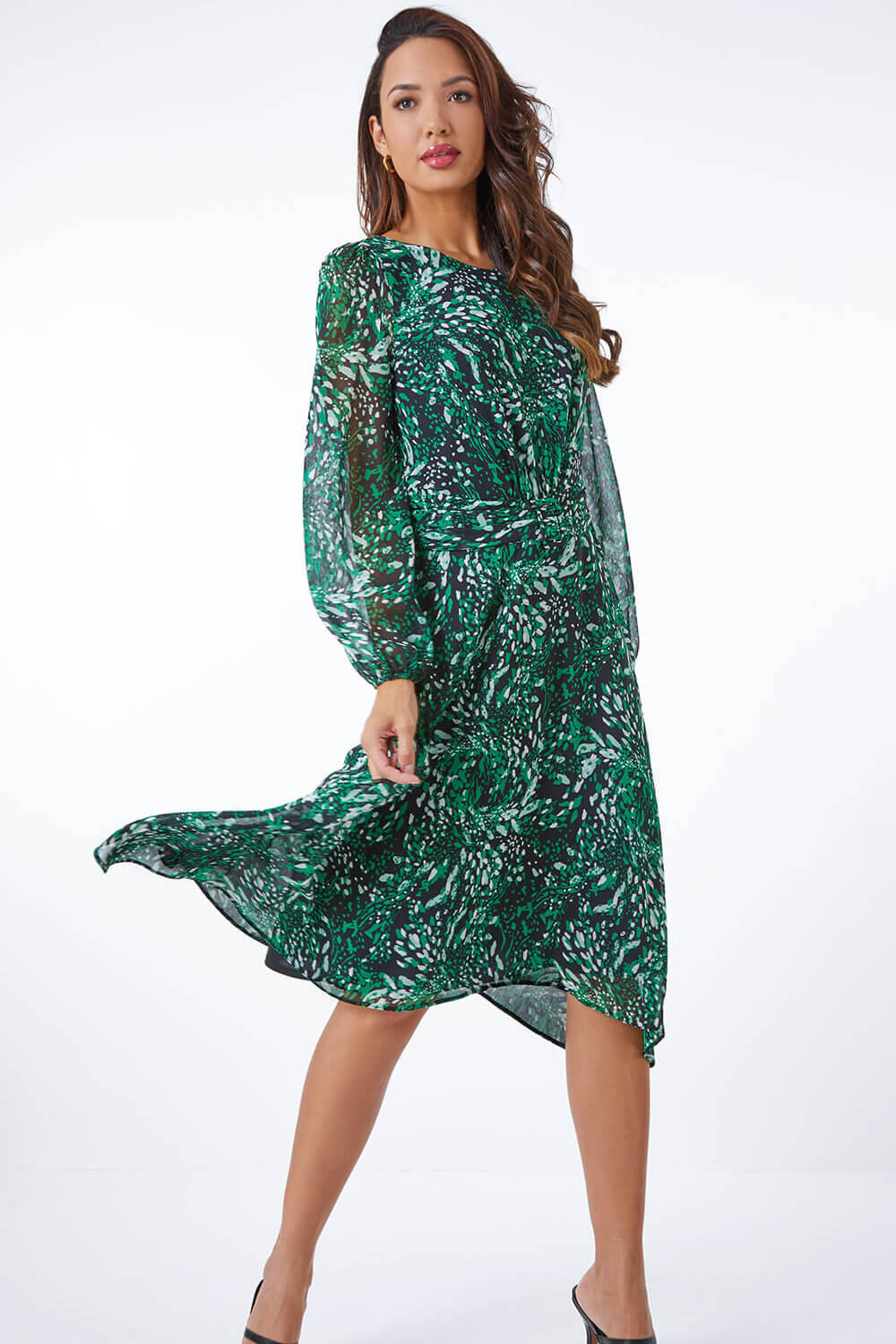 Green Floral Print Belted Midi Dress, Image 2 of 5
