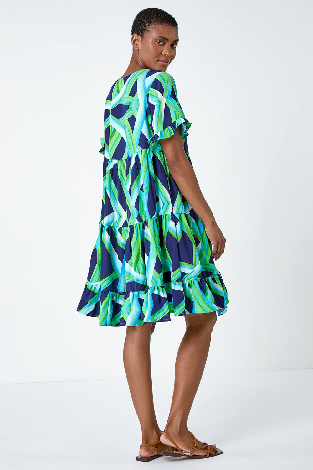Green Abstract Print Tiered Smock Dress, Image 3 of 5