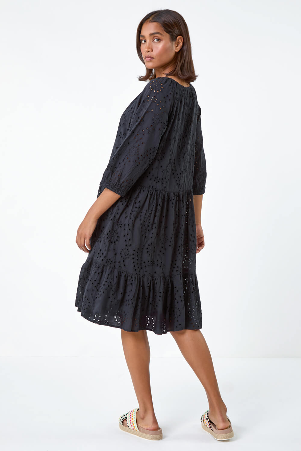 Black Cotton Broderie Tiered Smock Dress, Image 3 of 5