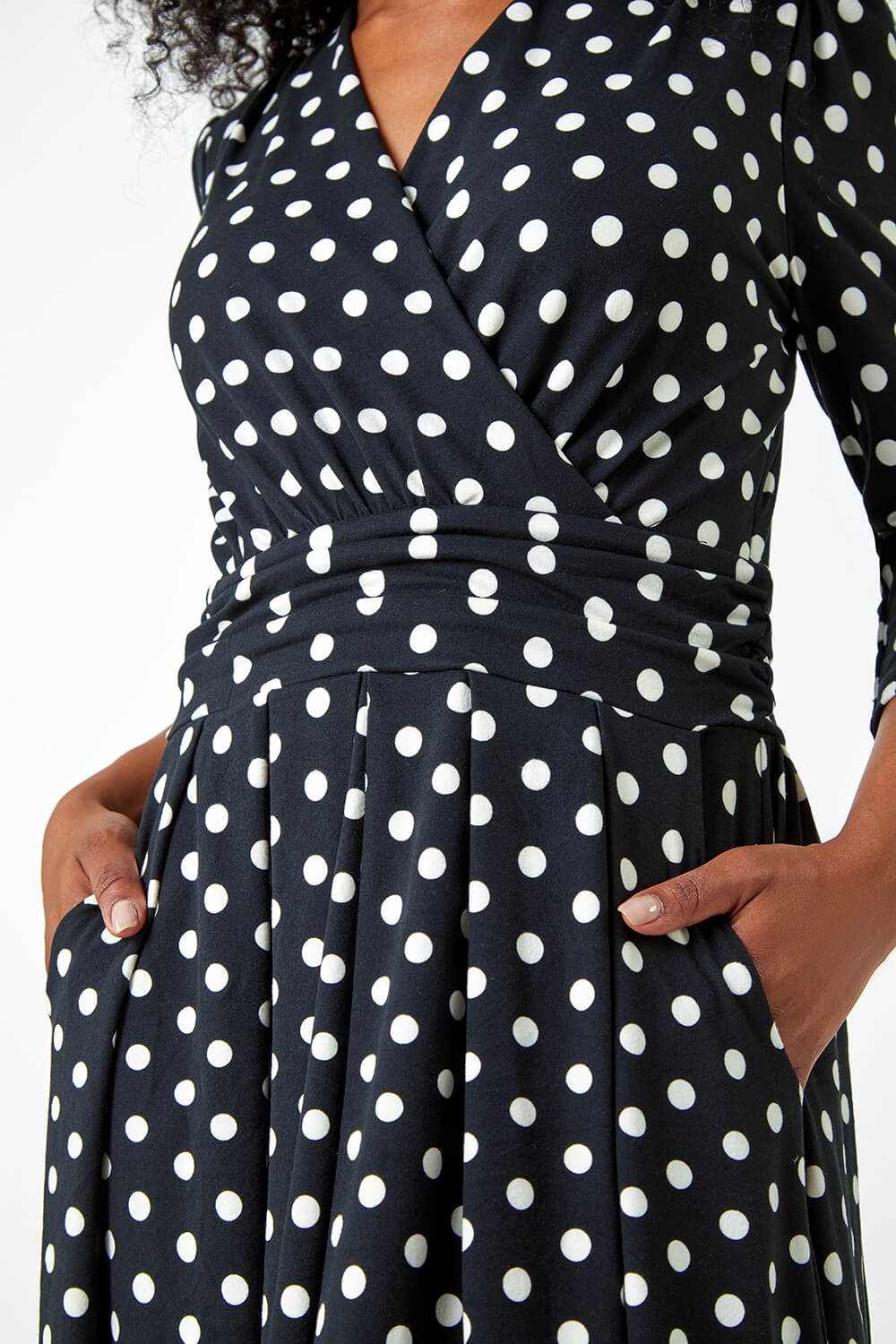 Black Petite Polka Dot Midi Stretch Dress, Image 5 of 5