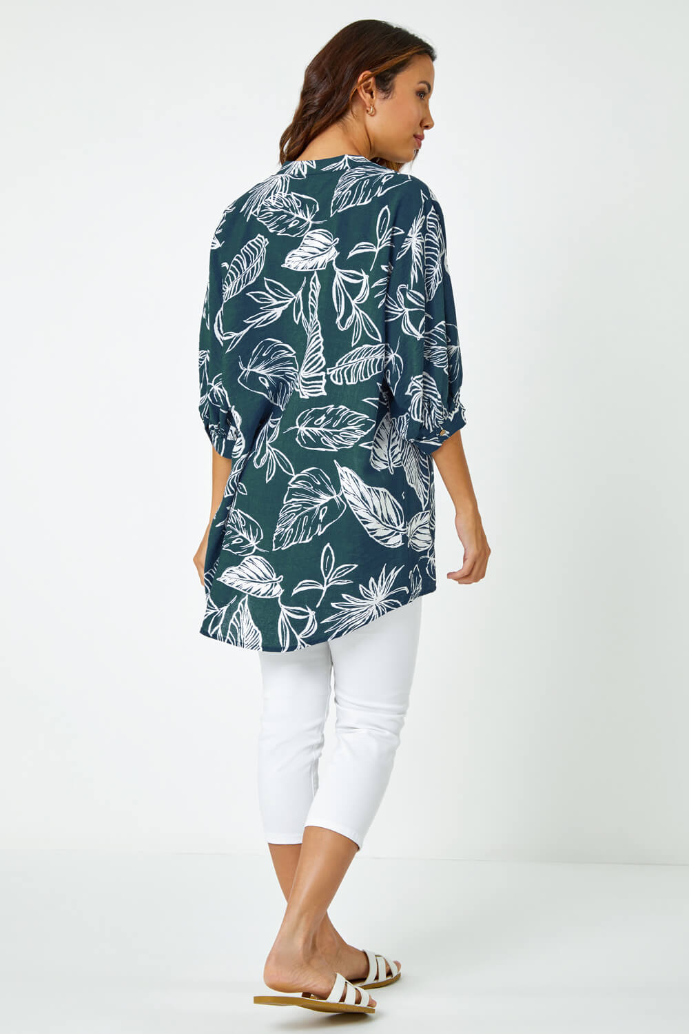 Navy  Palm Print Longline Shirt, Image 3 of 5
