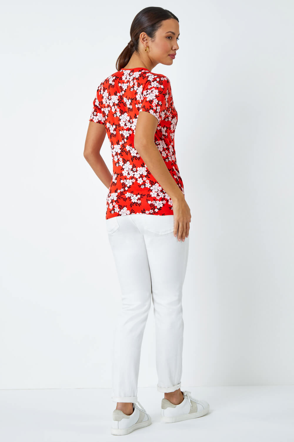 Red Floral Print Wrap Stretch Top, Image 3 of 5