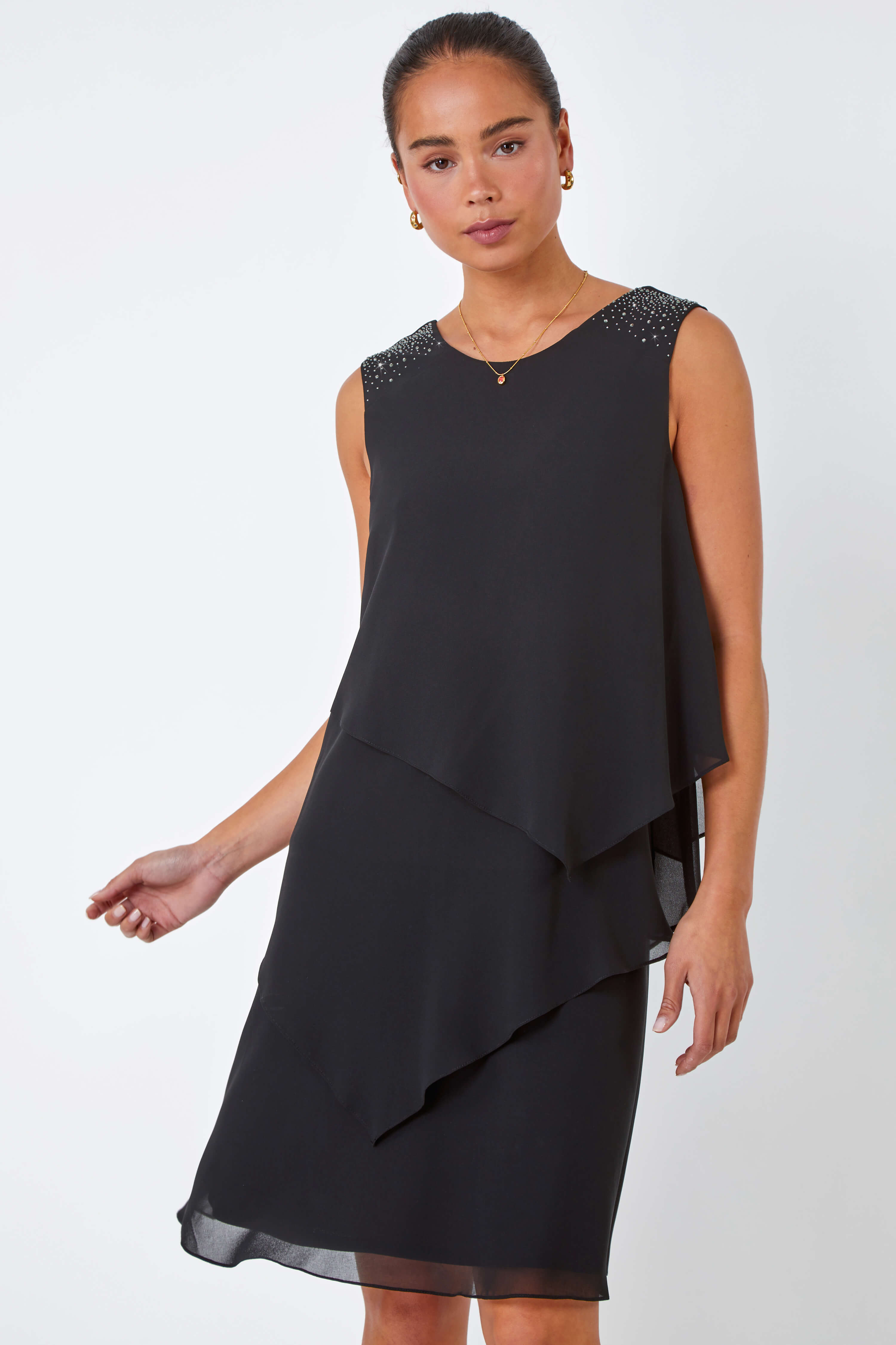 Black Petite Embellished Chiffon Tiered Shift Dress, Image 2 of 5